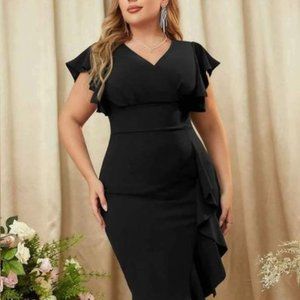 Knitee Women's Vintage V Neck Ruffle Sleeve Cocktail Pencil Dress Size M, XL